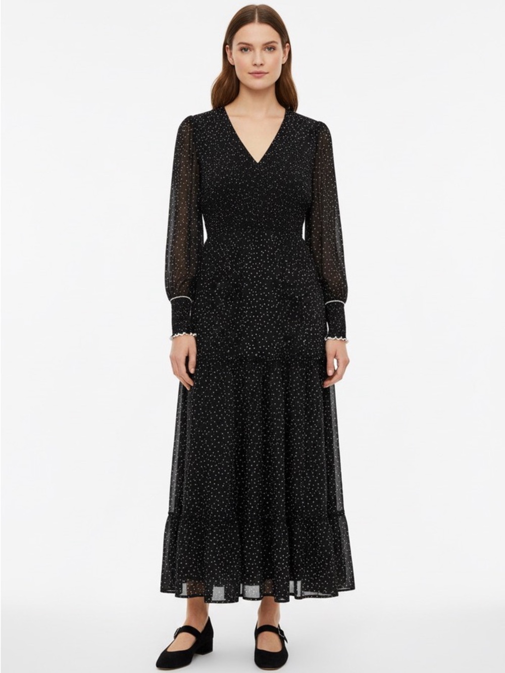 Topshop Black Long Sleeve Polka Dot Midi Dress
